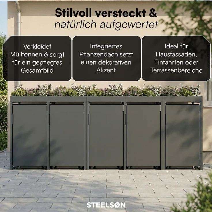 STEELSØN 'Thoria' Mülltonnenbox 5er je 240 Liter, anthrazit, Mülltonnenverkleidung aus Stahl, wetterfest, 125x80x337 cm, Müllbox mit Pflanzendach für 5 Tonnen – Bild 7