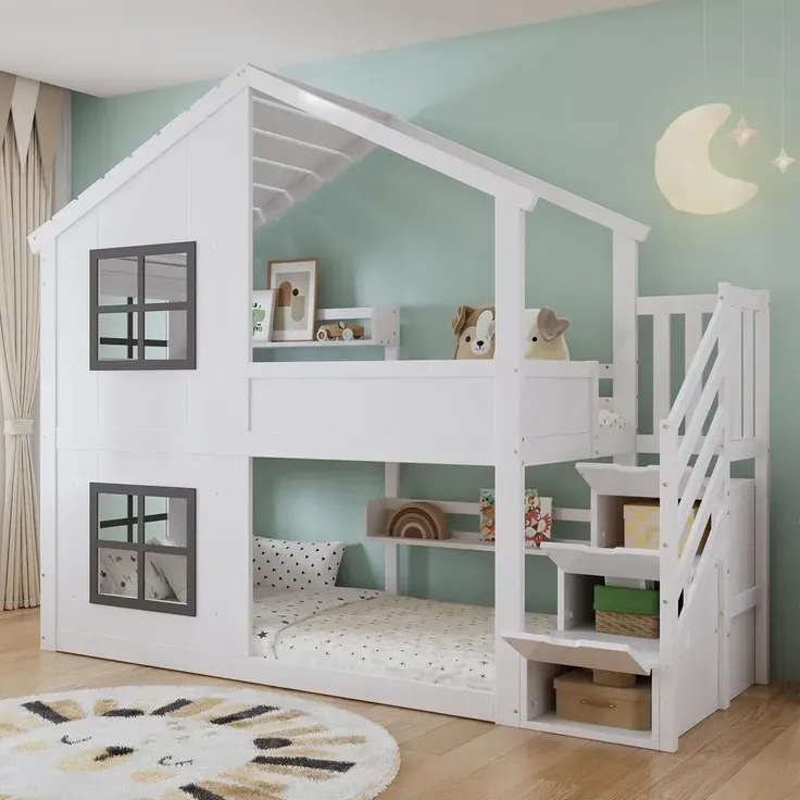 Etagenbett mit 2 Liegeflächen, Lattenrost, Regal, Treppe, Stauraum und Rausfallschutz, 90x200cm, Kinderbett, Jugendbett – Bild 2