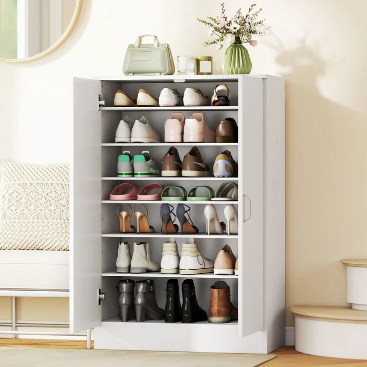 Schuhschrank mit 2 Türen, 6 verstellbare Regalböden, Soft-Close-Scharniere für 21 Paar, Weiß--Weiß--108x35x70cm--YOUDENOVA – Bild 10