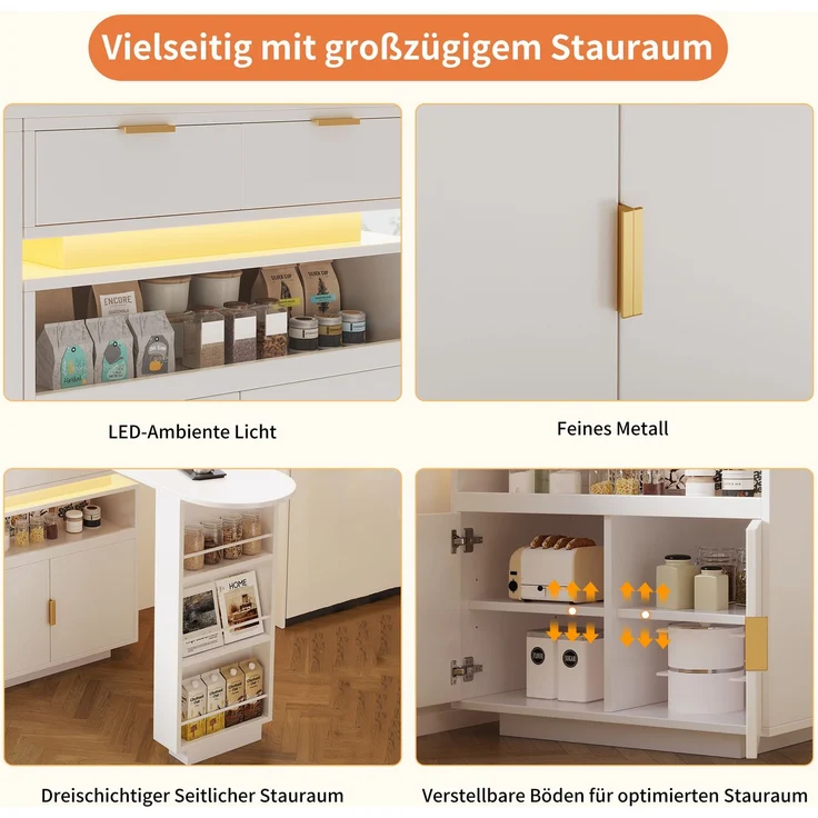 Merax Ausziehbarer Bartisch (115-183 × 40 × 99 cm), ausziehbare Kücheninsel, Bartisch mit Stauraum, LED‑Beleuchtung, 360° Drehfunktion, mobile Kaffeebar, geeignet für Küche und Esszimmer, Weiß – Bild 7