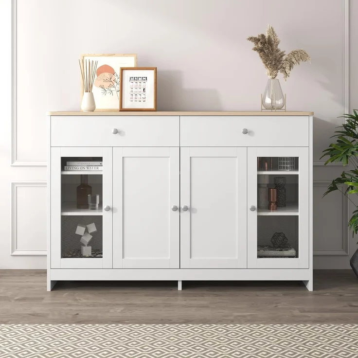 FurnitureR Sideboard mit weißer Holzmaserung, Vier Türen, mit Zwei Schubladen, Tür mit Glas. Wohnzimmer, Esszimmer. Holzfarbe und Weiß – Bild 9
