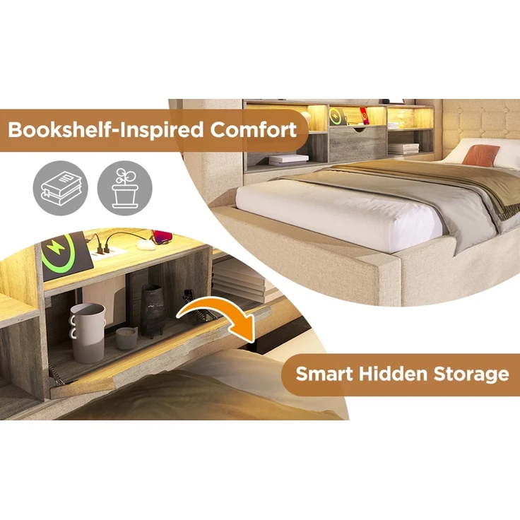 U-life Polsterbett Einzelbett 90x190 cm, hydraulischer Stauraum, L-förmigem, Beidseitig montierbar, Lattenrost, Leinen, Beige – Bild 6