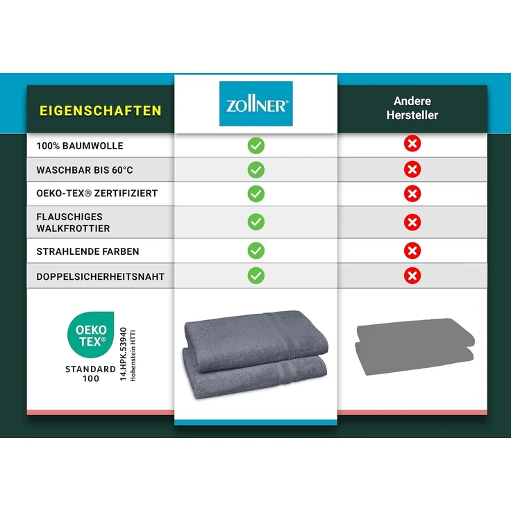 ZOLLNER 2er Set Saunatücher, 100% Baumwolle, 70x180 cm, grau – Bild 6