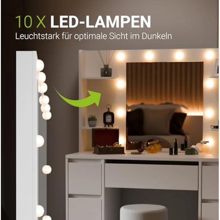 Juskys Schminktisch Malia und Hocker Tonia mit LED-Beleuchtung & Spiegel, 7 Schubladen, stufenlos dimmbar, 3 Farbtemperaturen, Stauraum, elegantes Design – Weiß – Bild 4
