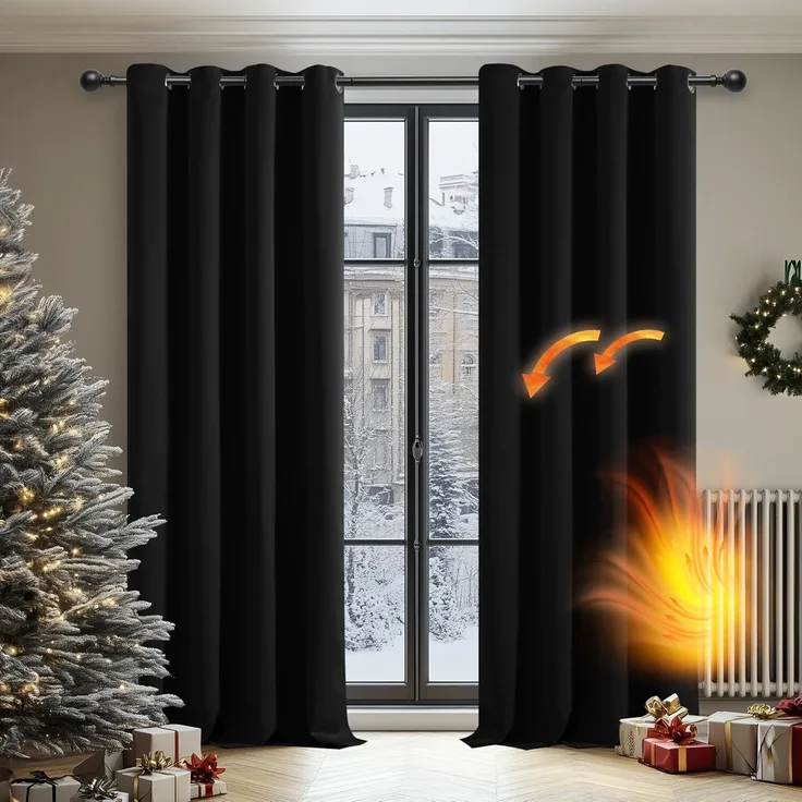 Deconovo Vorhang Verdunkelung Ösen Dicke Gardinen Schlafzimmer Verduklungsvorhang Ösen, 160x132 cm(HöhexBreite), Schwarz, 2er Set