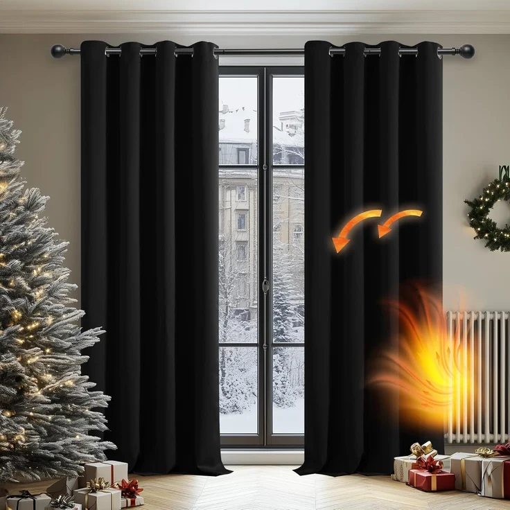 Deconovo Vorhang Verdunkelung Ösen Dicke Gardinen Schlafzimmer Verduklungsvorhang Ösen, 160x132 cm(HöhexBreite), Schwarz, 2er Set