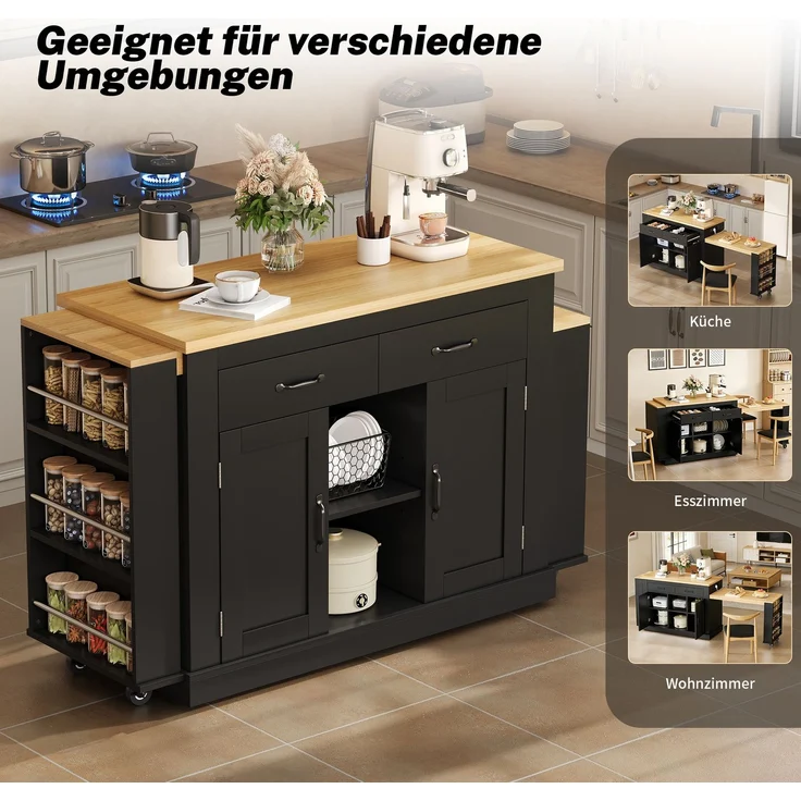 Merax 340cm Kücheninsel mit zwei ausziehbaren Arbeitsflächen,stilvolle mobile Insel,verstellbare Regalböden,2x220V-Steckdosen,2xUSB-Anschlüsse, Schwarz – Bild 5