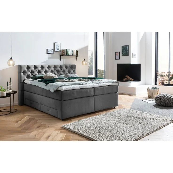 Belanoti ® Lara Boxspringbett 160x200 mit 4 Schubladen Stauraum Bett 180x200 mit Bettkasten in der Farbe Dunkelgrau H2/H3 Chesterfield Kopfteil 7-Zonen Taschenfederkern Matratze inkl. Visco Topper