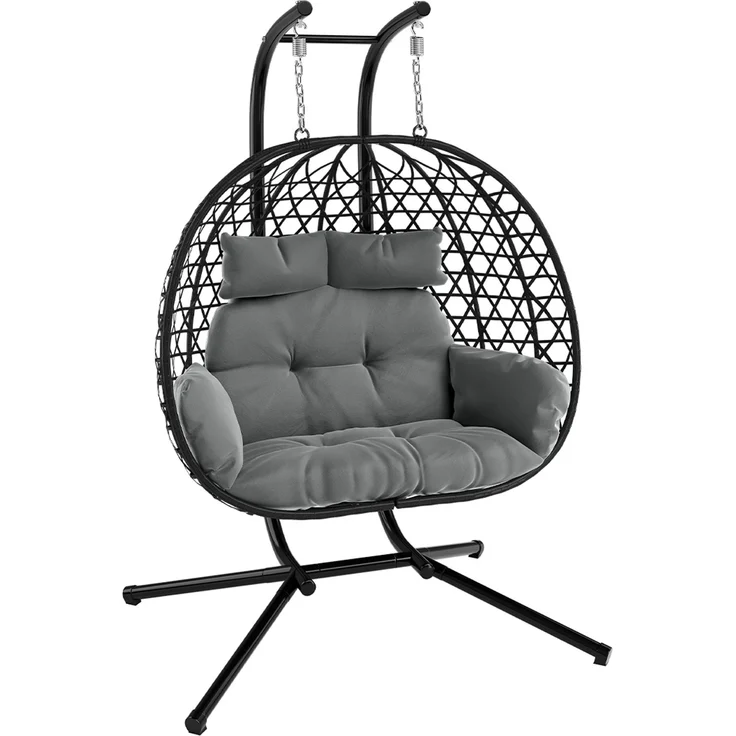 STEELSØN 'Sarin' Doppelhängesessel mit Metallgestell, höhenverstellbar und faltbar, wetterfest, Polyrattan, dunkelgrau/schwarz, bis 220 kg belastbar, inkl. Kissen – Bild 14