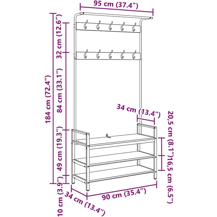 vidaXL Garderobenständer 95 x 34 x 184 cm Sonoma-Eiche Holzwerkstoff 879960 – Bild 12