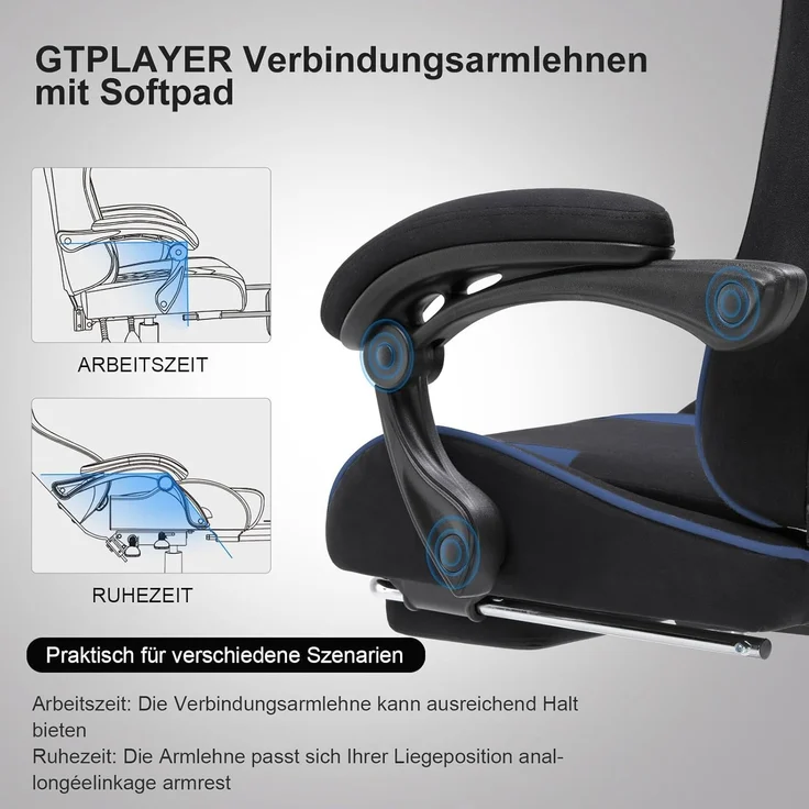 GTPLAYER Gaming Stuhl Stoff, Bürostuhl Massage Gaming Sessel Ergonomischer Gamer Stuhl mit Fußstütze, Kopfstütze Massage-Lendenkissen, Gepolstert Gaming Chair, Drehsessel, blau – Bild 3