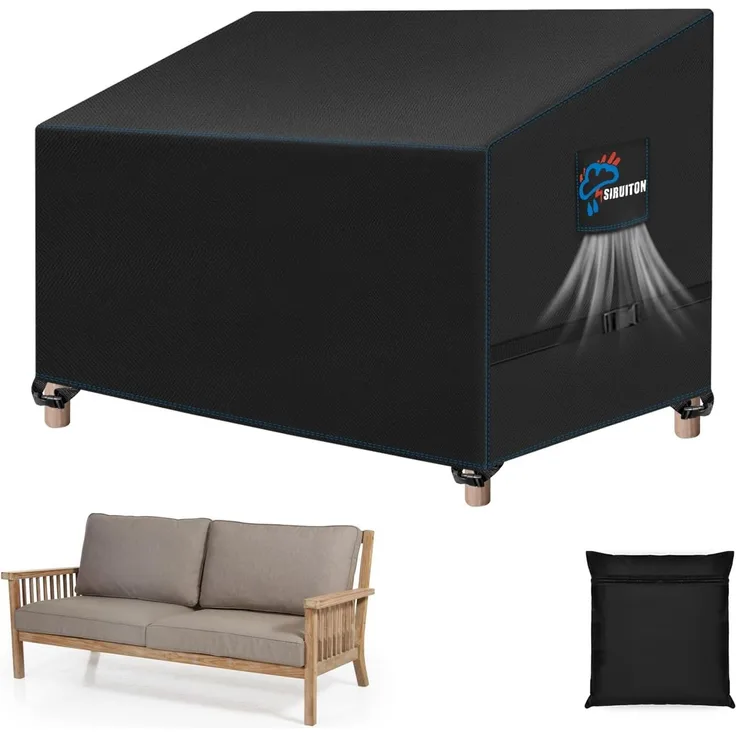 SIRUITON 4-Sitzer Gartenbank Abdeckung mit Belüftungsöffnungen, wasserdicht, winddicht, UV-Beständiges, reißfestes Schwerlast 420D Oxford Gewebe Schutzhülle für Gartenbank, Gartensofa(185 x 69 x 65/96 cm)