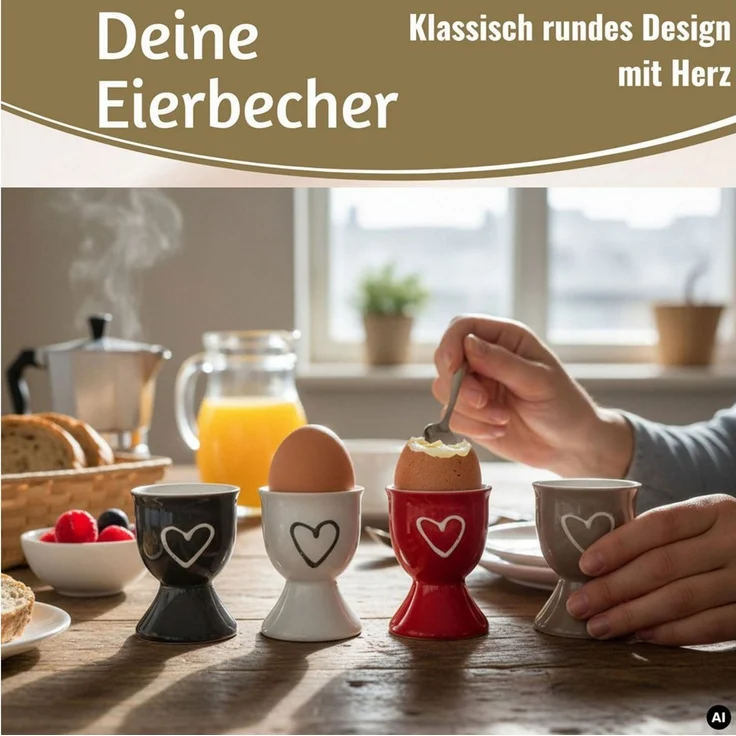 LS-LebenStil Eierbecher 4 Keramik Eibecher Set Herz Grau Weiß Rot Braun Gute Laune Eierhalter, (Exklusive edle Eihalter, perfekte Deko am Frühstückstisch, 4-tlg, für das perfekte Frühstücksei, Geschenk zur Hochzeit, Verlobung), Muttertag, Vatertag, Ost... – Bild 4