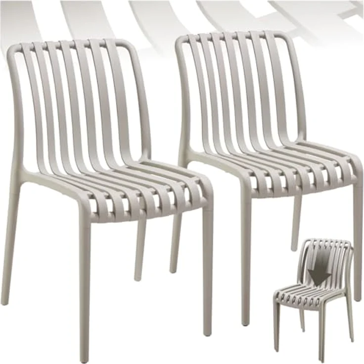tectake Gartenstuhl Balkonstuhl, stapelbar, Belastbarkeit 110 kg, 47 x 58 x 80,5 cm (Terrassenstuhl Alcudia für Außen in Taupe, 2 St), wetterfest und UV-beständig, pflegeleicht, rutschfeste Gummischoner – Bild 2