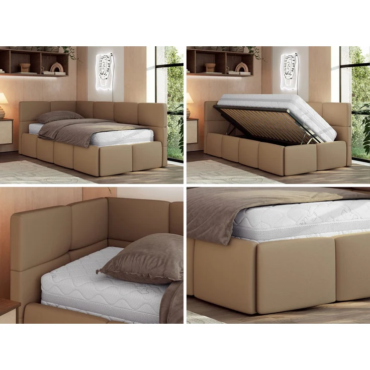 Jugendbett 90x200 ARVO Polsterbett mit Bettkasten, Stauraum & Gasdruckfeder, Modernes Design mit Kopfteil, Multipocket Matratze - Braun Kunstleder - ELORI LUX - Links Seite – Bild 2