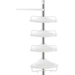 Songmics höhenverstellbares Duschregal, 95-300 cm, 4 Ablagen, 3 Haken, Weiß / Silber