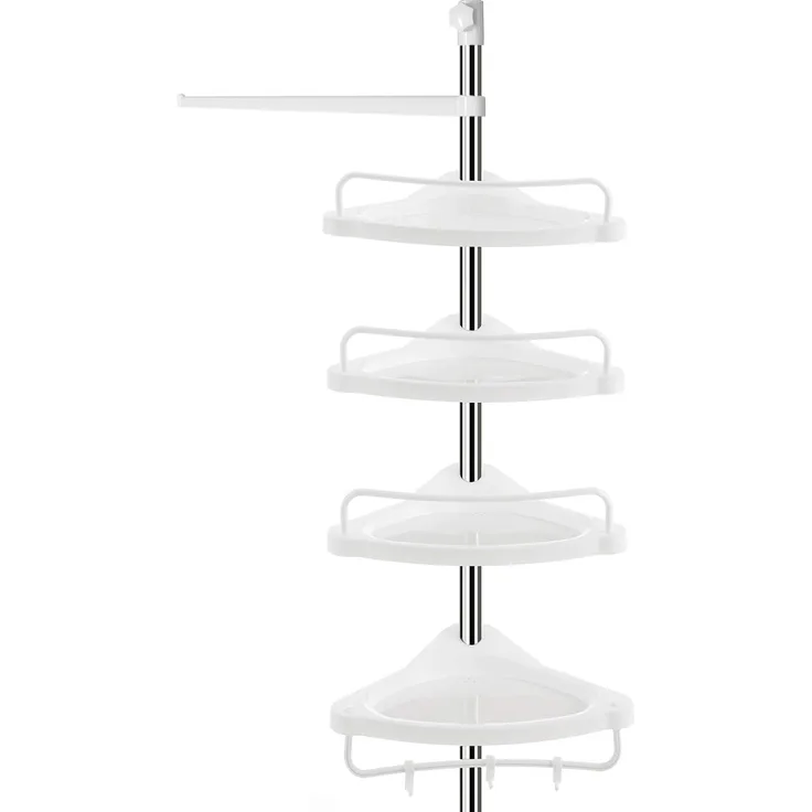 Songmics höhenverstellbares Duschregal, 95-300 cm, 4 Ablagen, 3 Haken, Weiß / Silber