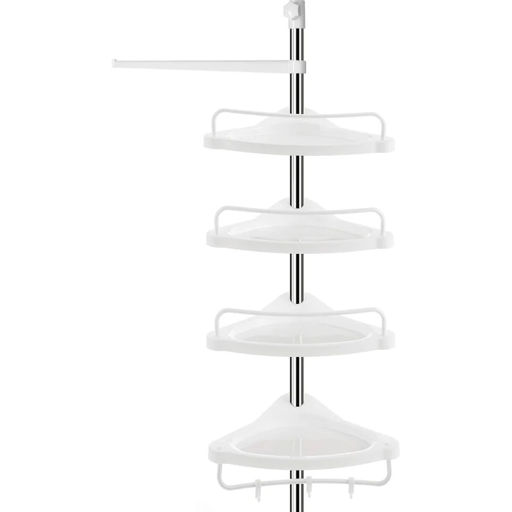 Songmics höhenverstellbares Duschregal, 95-300 cm, 4 Ablagen, 3 Haken, Weiß / Silber – Bild 1