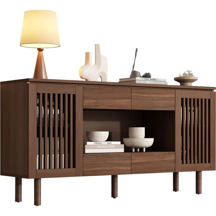 ZUBALIYA Sideboard 140x35x71 cm, mit 4 Schubladen, aus MDF, Walnuss – Bild 6