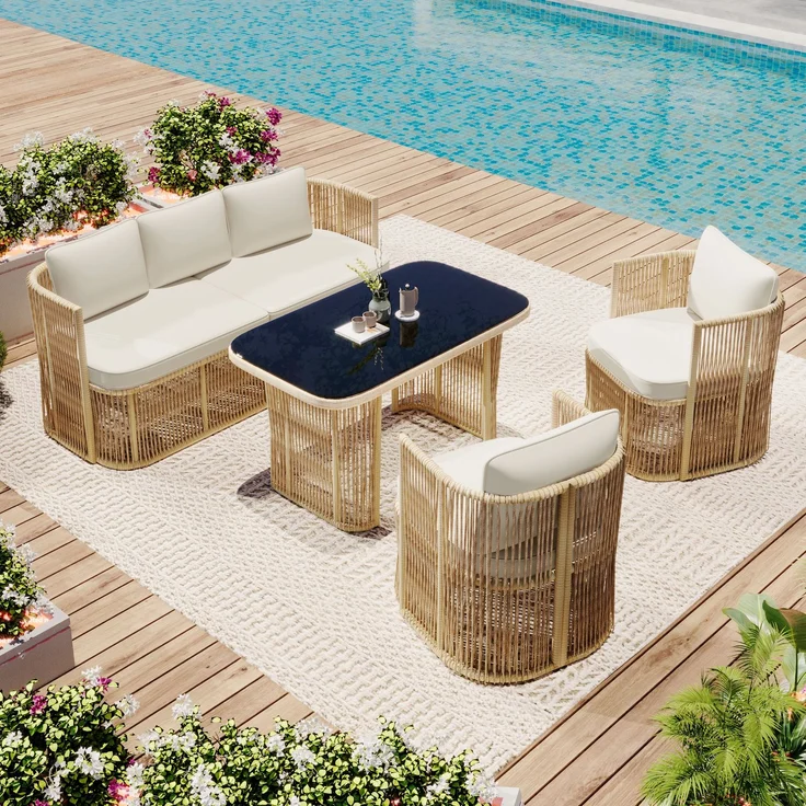 Merax 5-teiliges Gartenmöbel Set, PE Rattan Garten-Loungesessel-Set mit 3-Sitzer Sofa, 2 Sessel & Glastisch – mit Polyester Kissen, Stahlrahmen & gehärteter Glasplatte, Beige – Bild 1