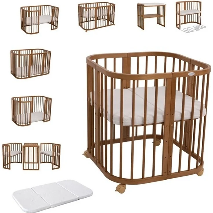 Waldin Babybett aus Holz 7in1 mit Matratze, Mitwachsendes Kinder-Bett, Belüftet, Boden 5-Fach Verstellbar, All-Inclusive-Set, Holz Vintage – Bild 4