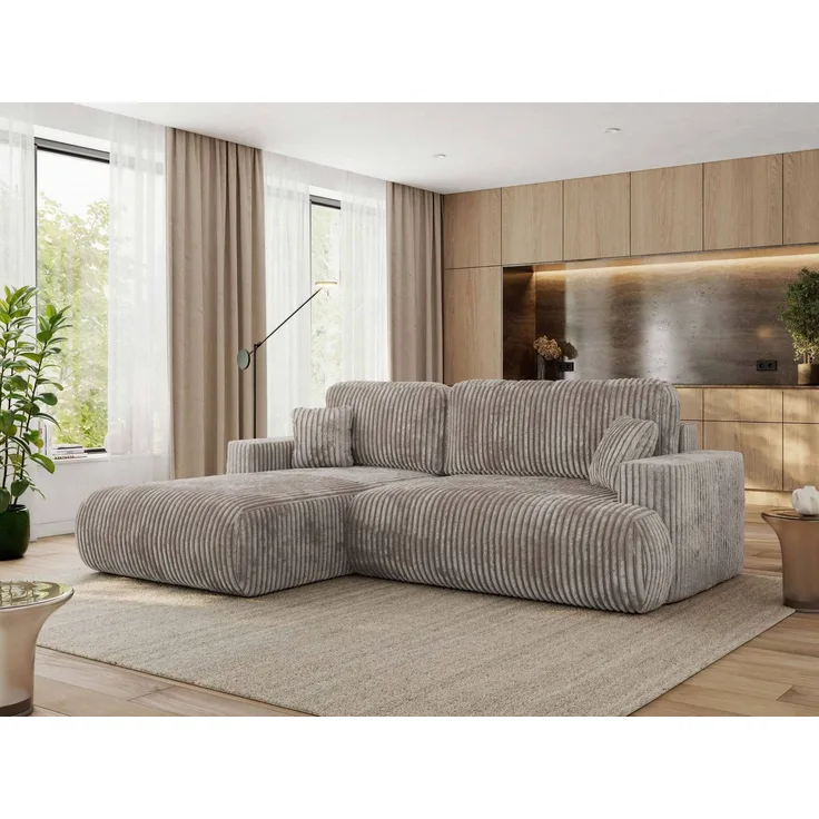 Ecksofa OVO mit schlaffunktion und bettkasten, Wellenfeder, lose Kissen, L-form 271x195 cm - Hellbraun Cord - linke Seite