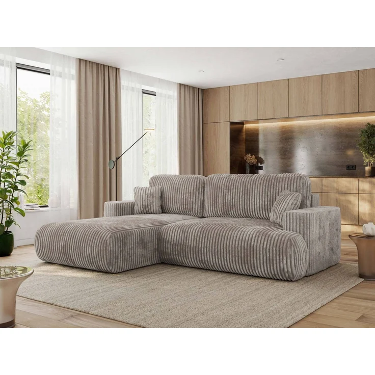 Ecksofa OVO mit schlaffunktion und bettkasten, Wellenfeder, lose Kissen, L-form 271x195 cm - Hellbraun Cord - linke Seite – Bild 1