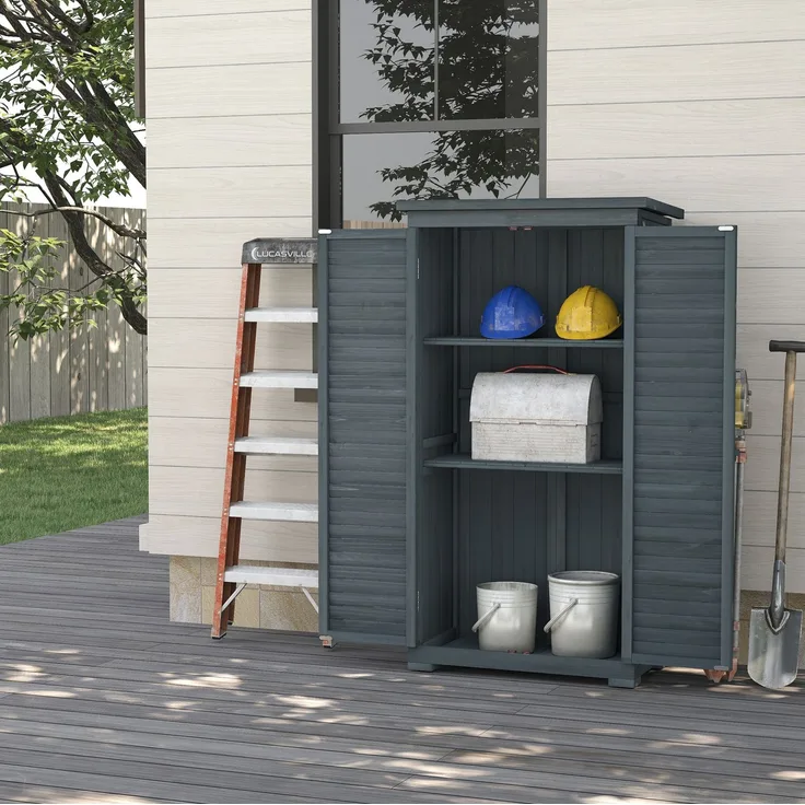 Gartenschrank 87 x 46,5 x 160 cm aus Tannenholz mit Lamellentüren und Bitumendach