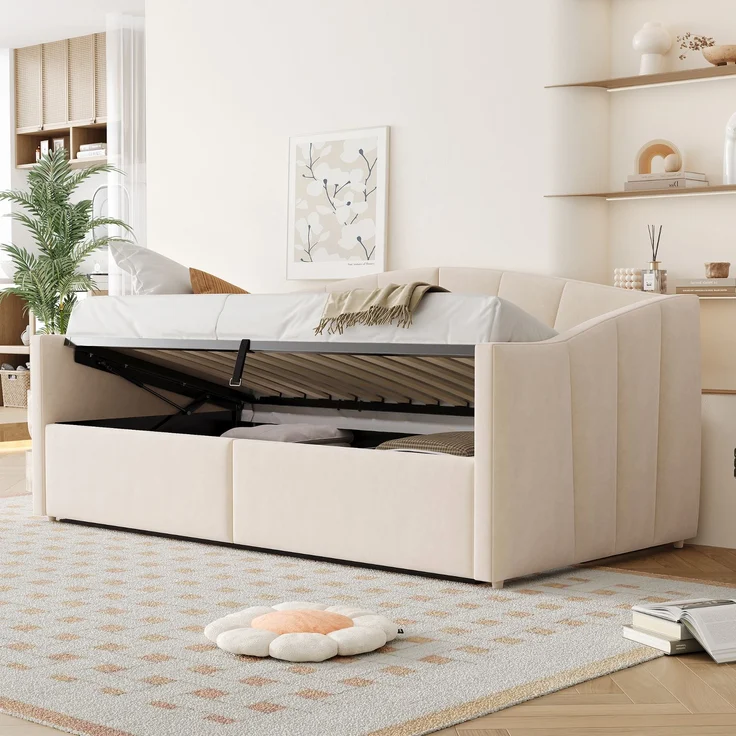 Polsterbett Schlafsofa, Samt mit Stauraum & Lattenrost, 90x200 cm, Beige, ohne Matratze – Bild 3