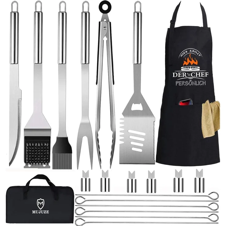 LuxusKollektion Grillbesteck-Set mit Schürze und Koffer, 20-teilig, Edelstahl silber – Bild 1