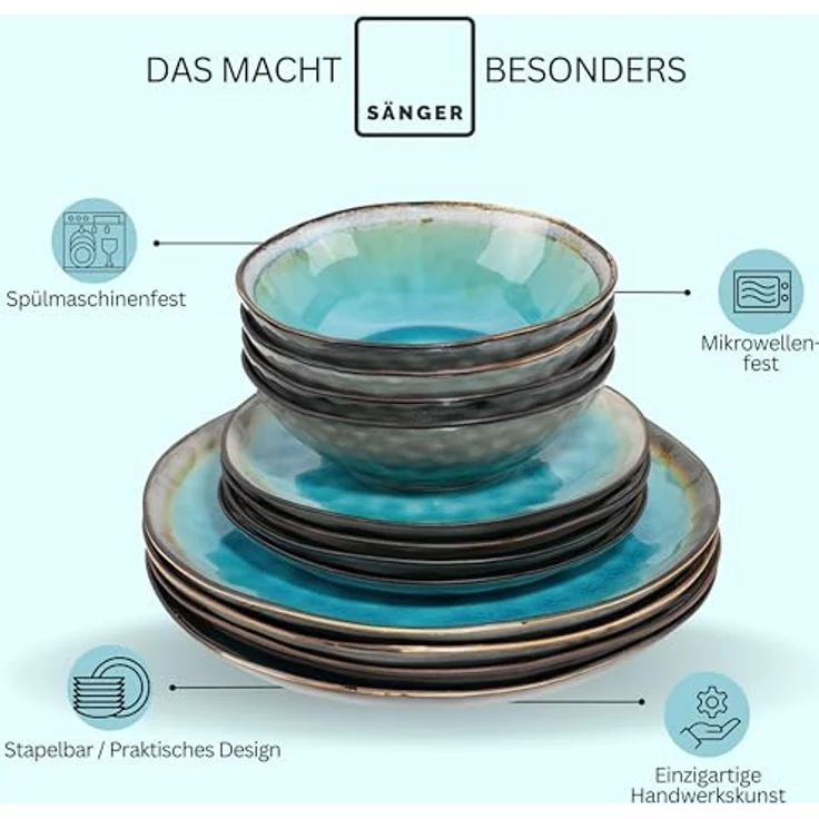 Sänger Tafelservice, 12-teiliges Geschirrset aus Keramik in Pastellblau, kratzfest, stapelbar, mikrowellen- und spülmaschinengeeignet – Bild 5
