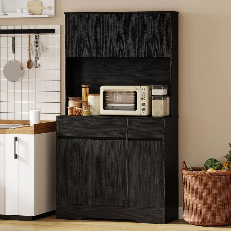 MELAYR, Buffet-Küchenschrank mit Arbeitsplatte, 6 Türen, hoher Stauraumschrank mit Regalen, Schwarz, 100 x 38 x 180 cm – Bild 4