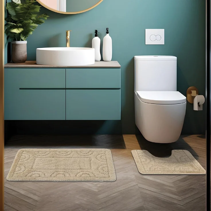 Comart, Nicole Badezimmerteppich, 3-teiliges Set, schnelltrocknend, rutschfeste Unterseite aus Latex, einfarbig, Duschvorleger und Badewanne, für WC und Bidet, maschinenwaschbar, Beige – Bild 3