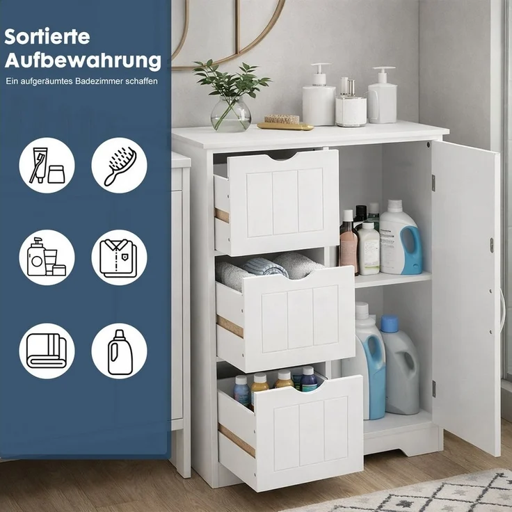 DUMOS Badkommode Badezimmerkommode mit 3 Schubladen (Badezimmerschrank), Schrank mit verstellbarem Regalbrett und 3 Schubladen – Bild 2