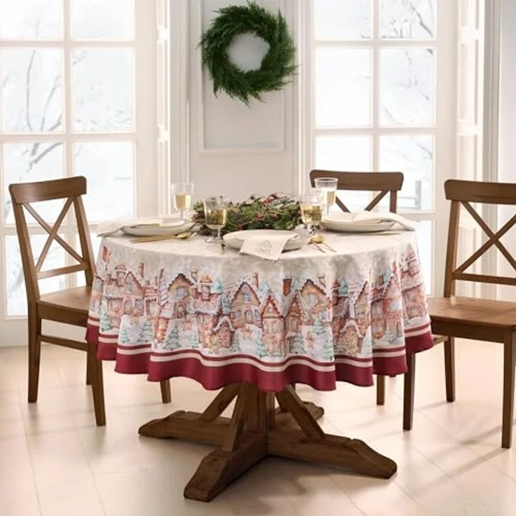 Elrene Home Fashions Gingerbread Village Bliss Tischdecke mit Bordüre, 152,4 x 213,4 cm, oval – Bild 1