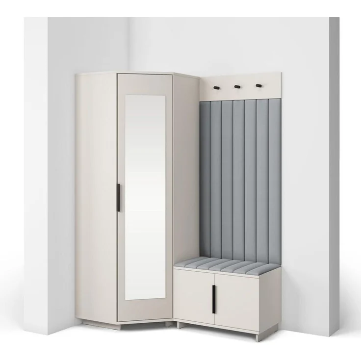 Garderoben-Set Napoli Version 21: Eckschrank mit Polsterpaneelen, Schuhschrank Flur und Eingangsbereich (Cashmere/Trinity 14), 189 x 70 x 140 cm – Bild 1