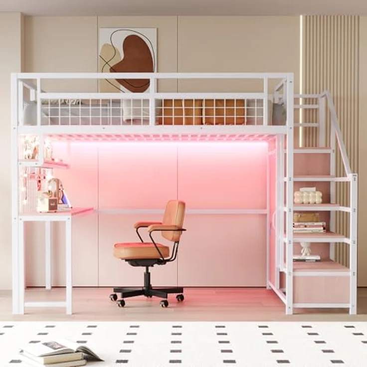 Ball & Cast Loft Bed (140x200 cm) mit Aufbewahrungsleiter und Einfachem Kleiderschrank, Metal Hochbett mit Tisch + Netzregal, Stabil & Rauschlos, Weiß – Bild 3