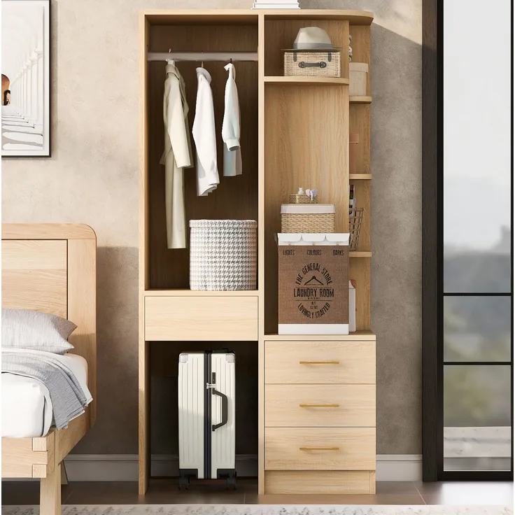 Kleiderschrank 70 x 55 x 175 cm in Weiß und Holzfarbe mit offener Kleiderstange und Schubladen