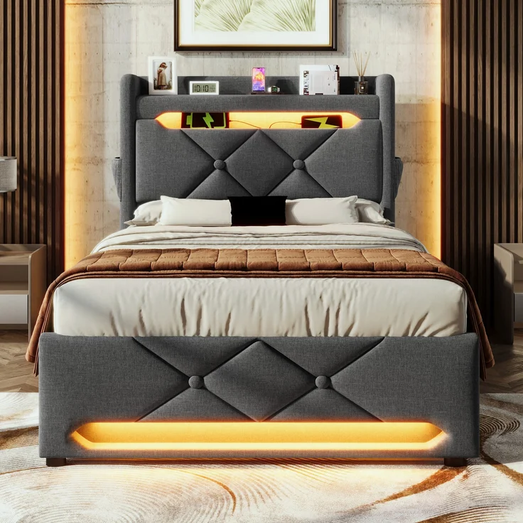 Polsterbett Einzelbett Leinen, mit 360° Musik-LED & 4-fach Ladestation inkl. Matratze, 90x200 cm, Grau – Bild 3