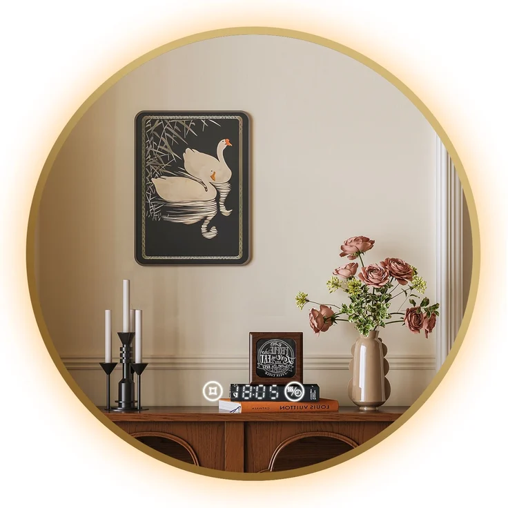 EMKE LED Badspiegel ф60cm Gebürstetem Goldrahmen, Beschlagfrei, Uhr, Temperatur, Dimmbar, Memory-Funktion Neutrales Licht Wandspiegel