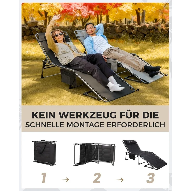 KingCamp Übergroße Sonnenliege Klappbar 5-Fach Verstellbar Gartenliege Liegestuhl Dreibeinliege Liege Campingliege mit Kopfkissen und Seitentasche bis 150 kg für Garten Urlaub Strand Pool 200x68 cm – Bild 9