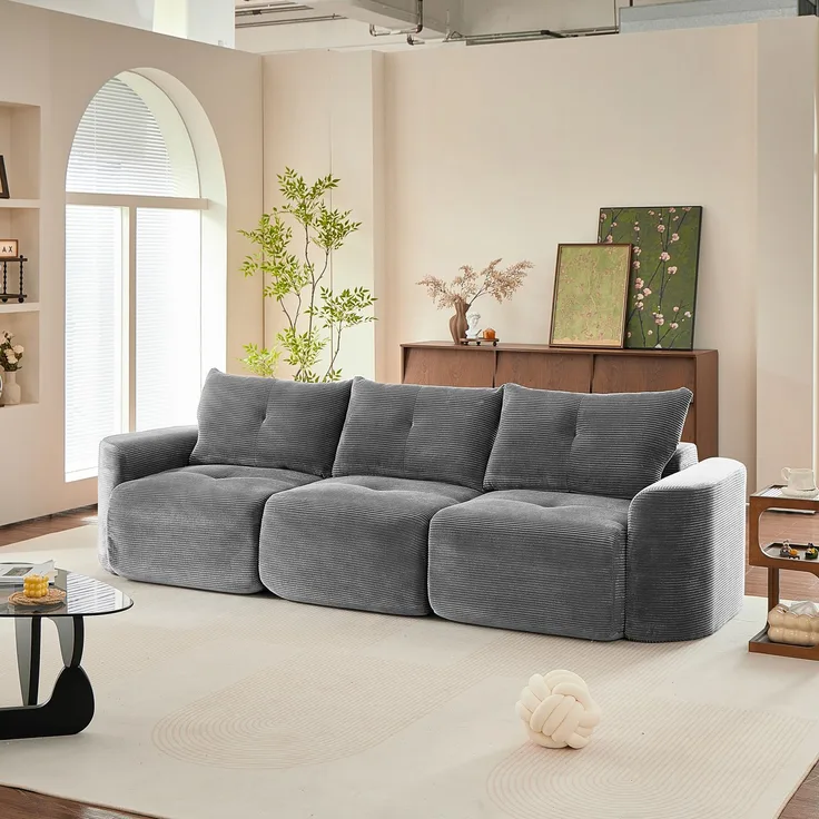 EINHOM Modernes modulares 3-Sitzer Sofa in Anthrazit – Wabi-Sabi Stil, Cord Stoff Sofa mit abnehmbarem Einzelsitz, 2+1 Konfiguration, Rippen-Design, Rundes Design