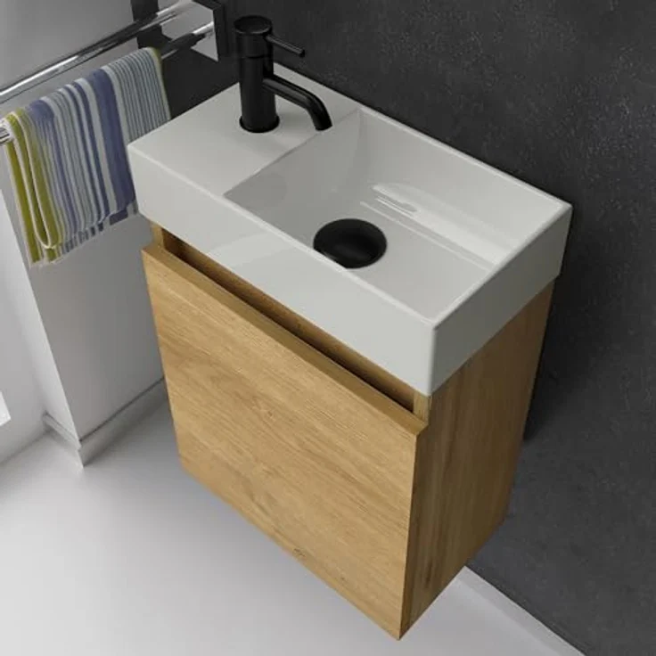 Alpenberger Badmöbel-Set Gäste WC Waschbecken mit Unterschrank - Badschrank Hängend, (2-tlg. Waschtisch Set Eiche Natur, Waschbeckenunterschrank mit Softclose), Waschplätze für Kleine Bäder - Badschrank Hängend und Vormontiert – Bild 4