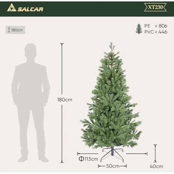 SALCAR Künstlicher Weihnachtsbaum 180 cm aus 90% PE Spritzguss, Premium Nordmanntanne, realistischer Christbaum mit Schnellaufbau Klappsystem – Bild 6