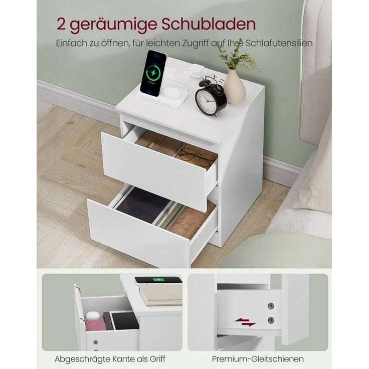 VASAGLE Nachttisch mit Steckdosenleiste, Beistelltisch, 2 Schubladen, MDF Wolkenweiß, 35 x 40 x 49 cm – Bild 3