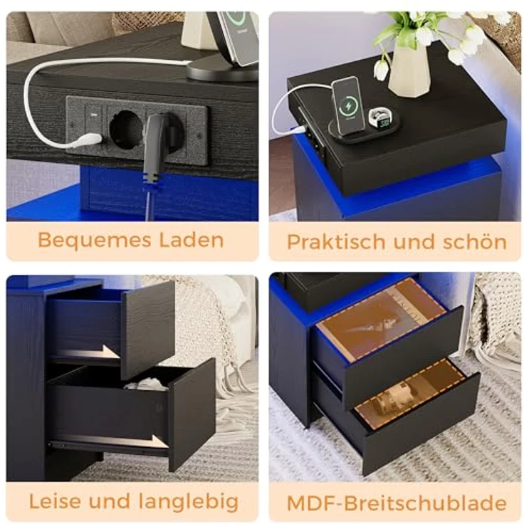 IRONCK Nachttisch 2er Set, Nachtschrank mit Ladefunktion, LED, 40x35x60 cm | Beistelltisch mit 2 Schubladen, schlafzimmer möbel mit Steckdosen, USB & USB-C, für Wohnzimmer, Nachtkommode 2er set Schwarz – Bild 8