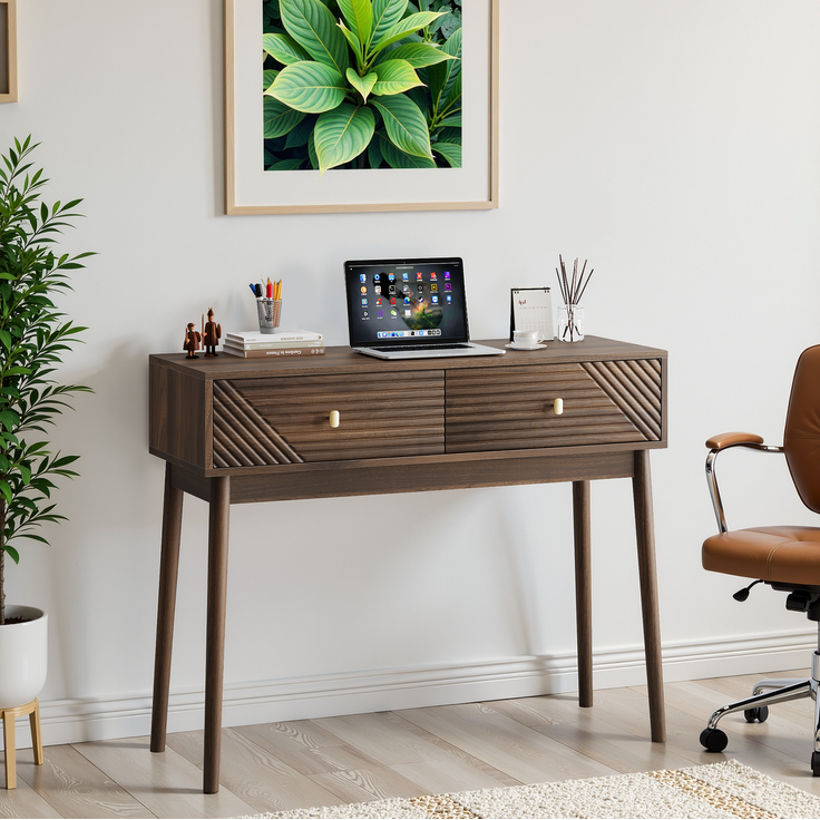 Schreibtisch mit 2 Schubladen und Ablagefläche, 100x35x80 cm, Walnussfarben – Bild 2