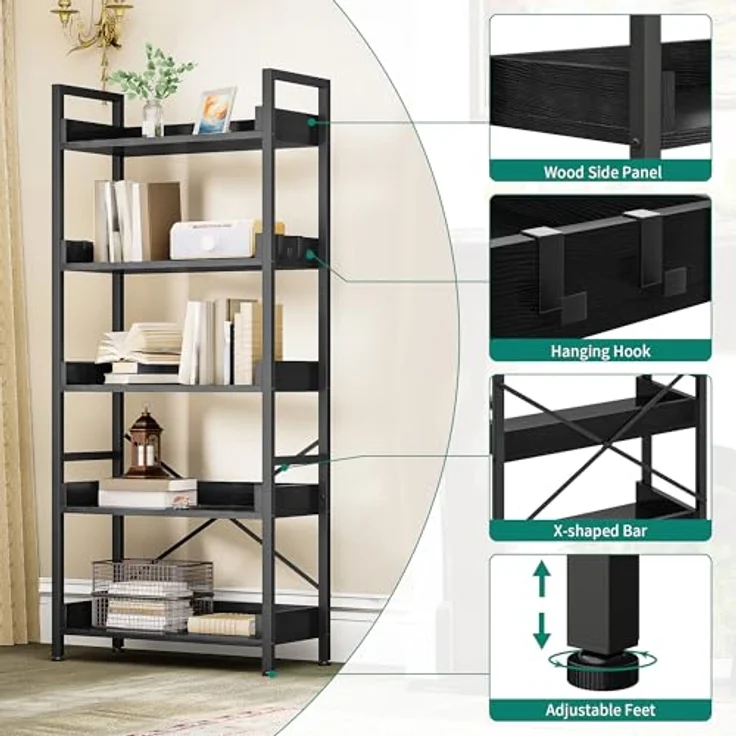 YITAHOME Bücherregal 5 Etagen, Offen Stehend Bücherregal, Hoch Schmal mit 4 Haken Industrielles Lagerregal für Wohnzimmer, Heimbüro, Schwarz – Bild 6