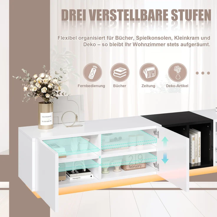 Moderner TV-Schrank weiß/schwarz, 190x40x35 cm, mit Schubladen & Regalen – Bild 9