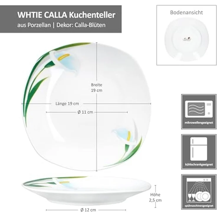 MamboCat Frühstücksteller 6x White Calla Kuchenteller Porzellan 6 Personen florale Teller – Bild 6